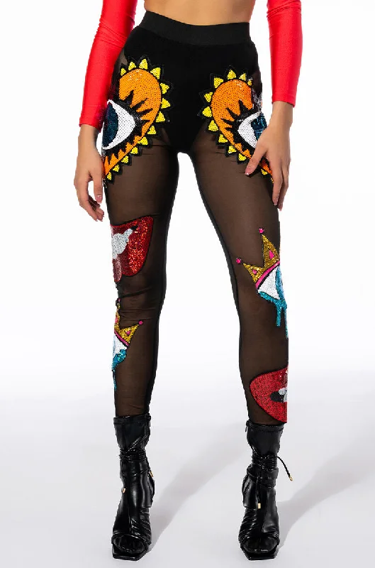 EYES WIDE SHUT SEQUIN MESH LEGGING Cozy Reflective Detail Leggings