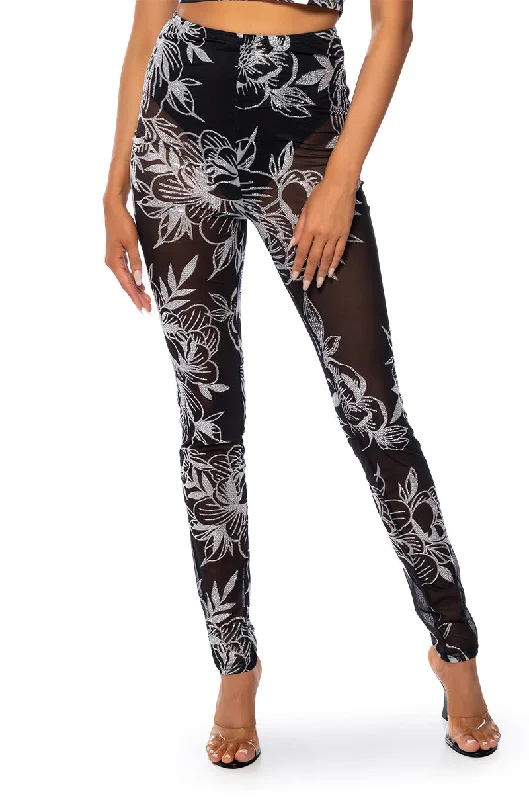 FLORAL DELIGHT RHINESTONE MESH LEGGING Comfortable Fleece-Lined Leggings