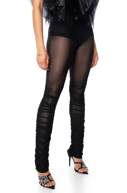 NIGHT OUT RUCHED MESH LEGGING IN BLACK Trendy Patterned Leggings