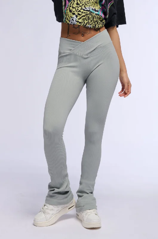 PAXTON RIBBED CROSS FRONT FLARED LEGGING IN GREY Stylish Sporty Performance Leggings
