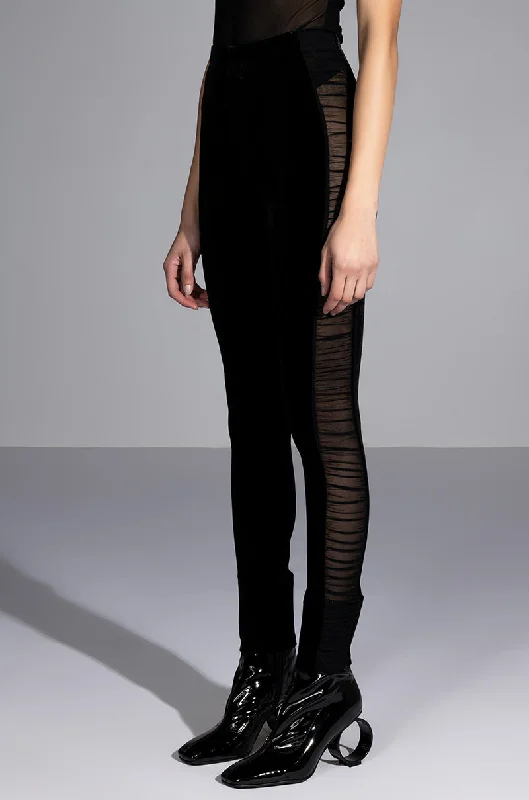 WRITTEN IN THE STARS VELVET WITH MESH DETAIL LEGGINGS Elegant Shiny Black Leggings