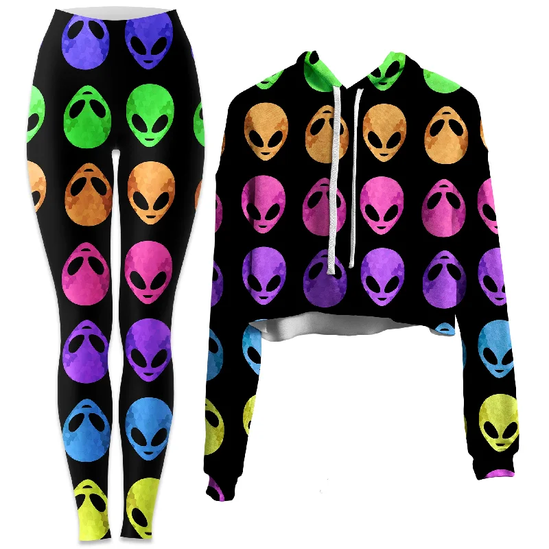 Alien Pattern Crop Hoodie and Leggings Combo Comfortable Power Mesh Leggings