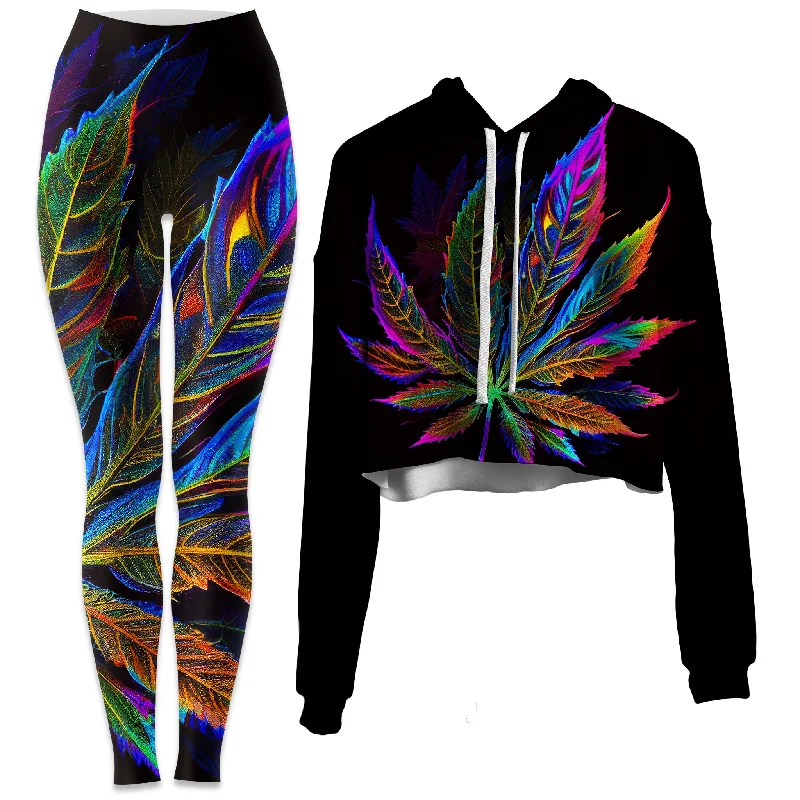 Blacklight Weed Crop Hoodie and Leggings Combo Comfortable Printed Workout Leggings