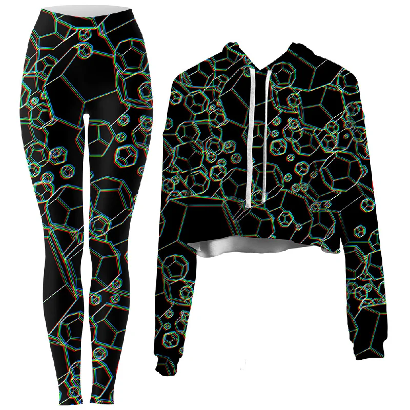 Dodecahedron Madness Glitch Crop Hoodie and Leggings Combo Fashionable High-Rise Workout Leggings
