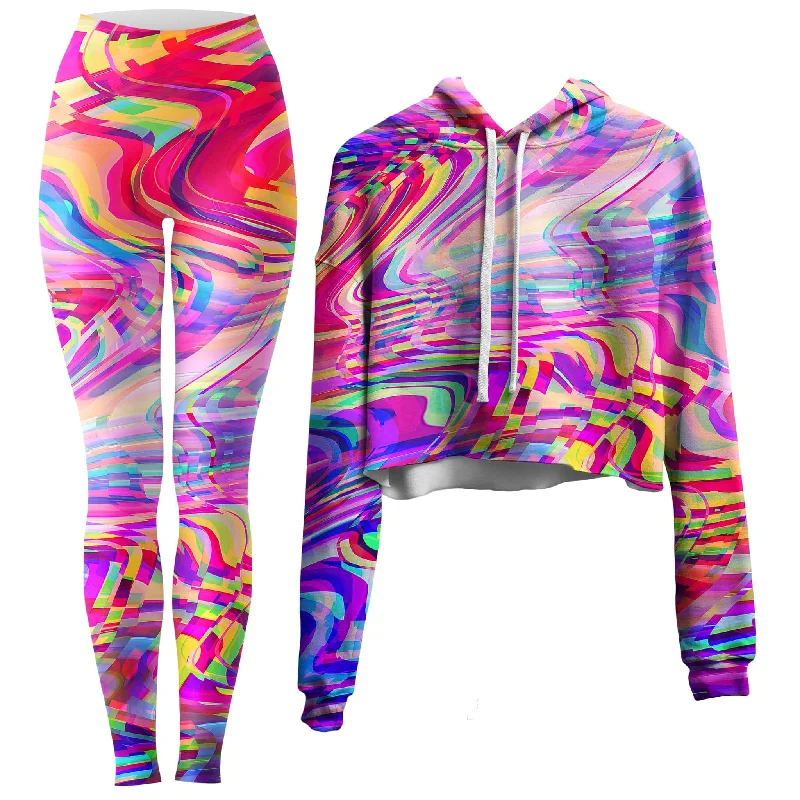Glitch Waves Crop Hoodie and Leggings Combo Casual Slim-Fit Leggings