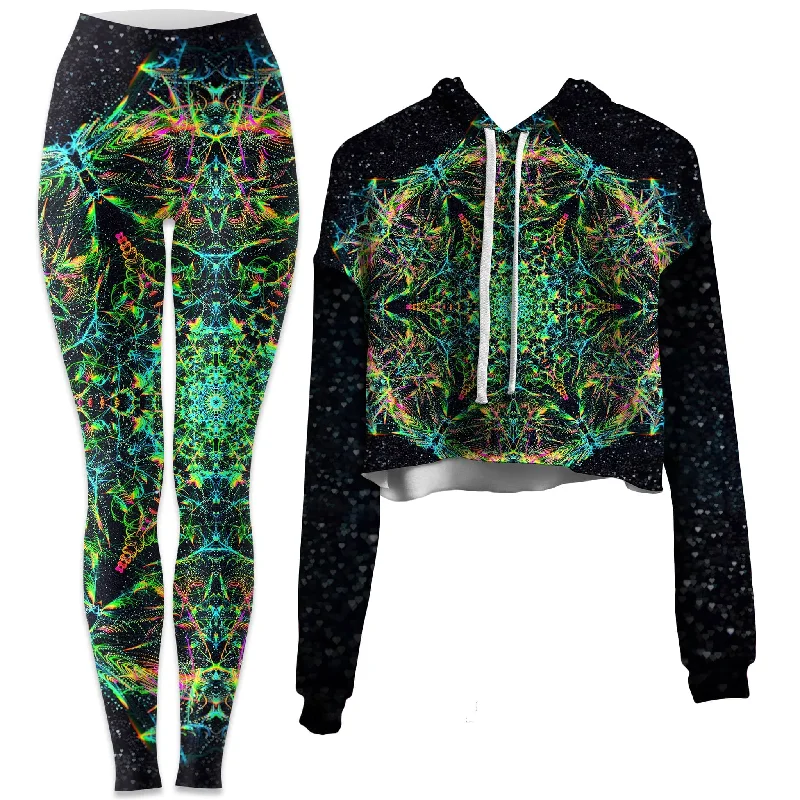 Green Prism Crop Hoodie and Leggings Combo Fashionable Tummy Control Leggings