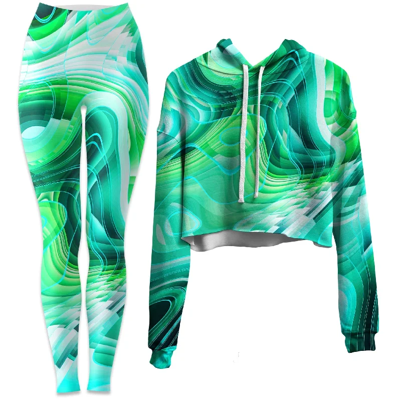 Green Schism Crop Hoodie and Leggings Combo Trendy Mesh Leggings