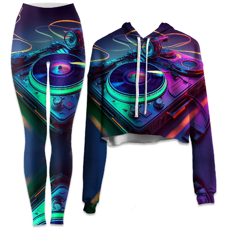 Neon Turntables Crop Hoodie and Leggings Combo Chic Printed Yoga Pants