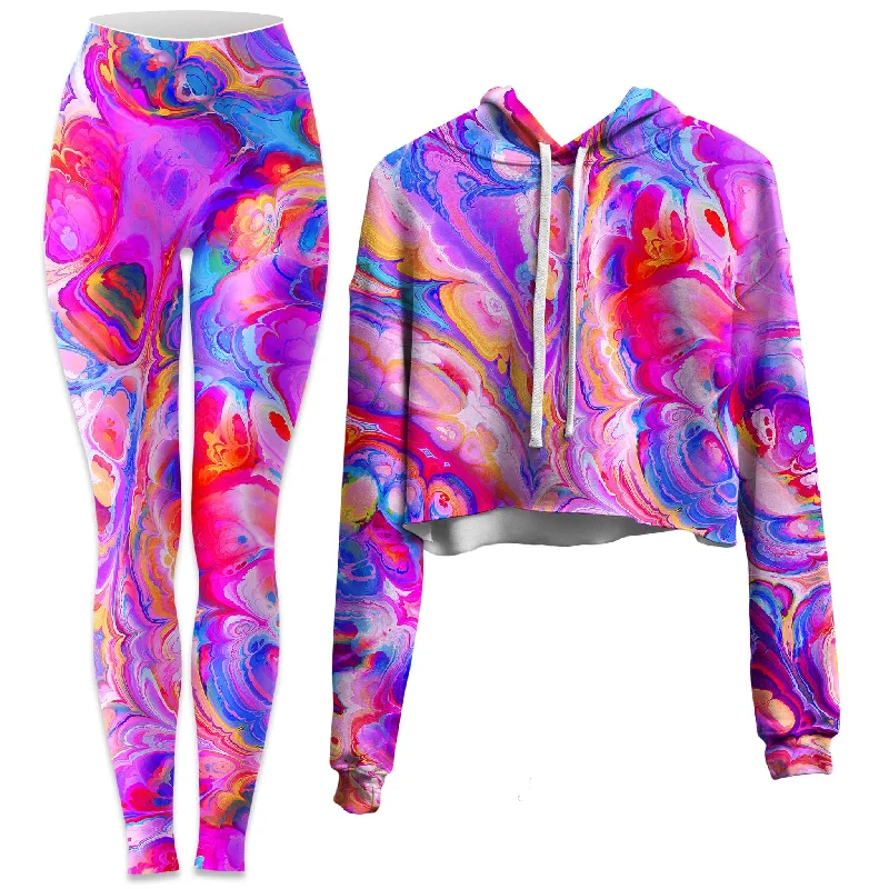 Plasma Flow Crop Hoodie and Leggings Combo Elegant Satin Finish Leggings