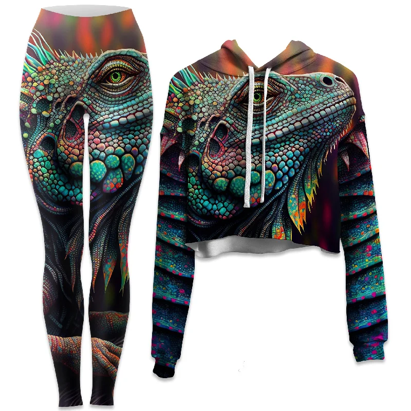 Psychedelic Giant Iguana 2.0 Crop Hoodie and Leggings Combo Cozy Lounge Pants Leggings