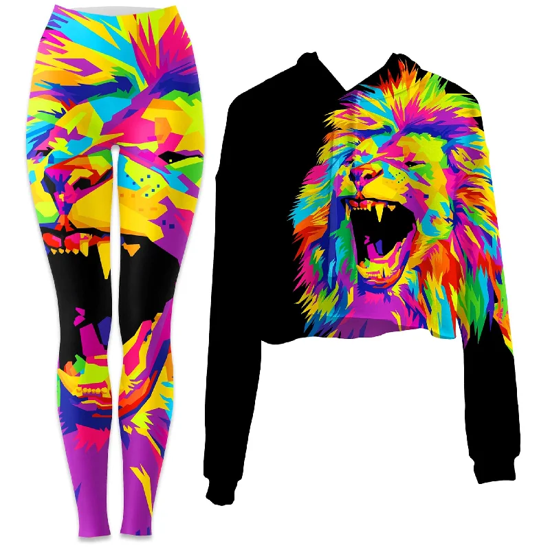 Psychedelic Lion Crop Hoodie and Leggings Combo Casual Sporty Leggings