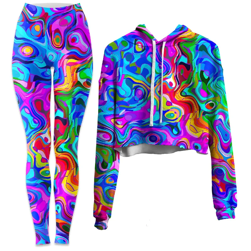 Rainbow Waves Crop Hoodie and Leggings Combo Elegant Stretchy Faux Leather Leggings