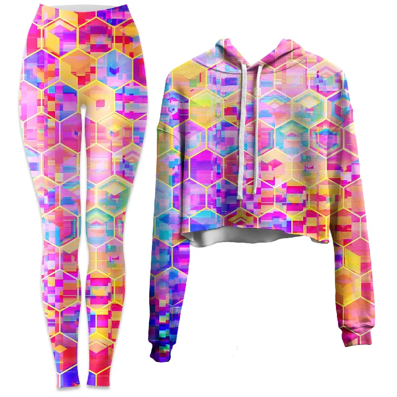 Spectral Cubes Crop Hoodie and Leggings Combo Trendy Foil Finish Leggings