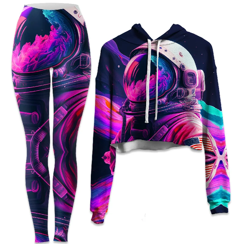 Synthwave Astronaut Crop Hoodie and Leggings Combo Fashionable Plus-Size Activewear