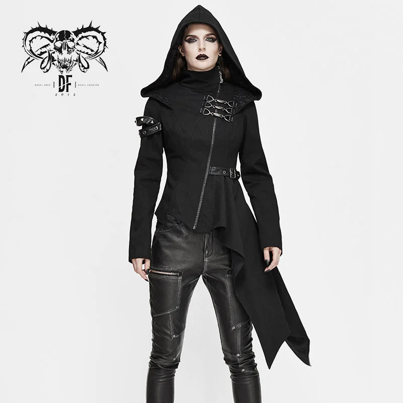 CT157 asymmetrical women black zipper up punk hooded jacket Knit Jacket Woven Jacket Fleece Jacket