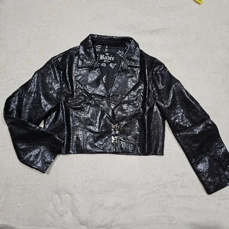 BADEE Faded ECO Leather Crop Jacket Black Fleece Jacket Down Jacket Feather Jacket