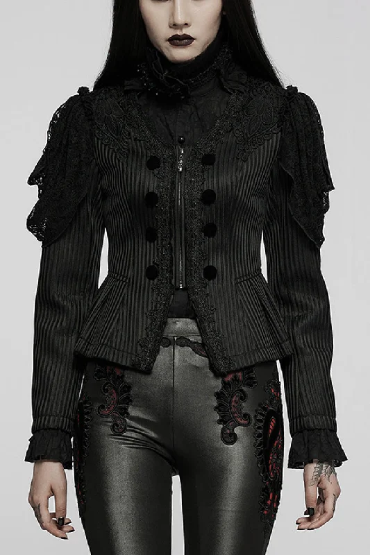 Black Gothic Lace Jacquard Double Row Velvet Button Metal Zip Back Lace Up Women's Jacket Notch Collar Jacket Peter Pan Collar Jacket Cowl Neck Jacket