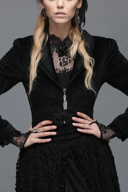 Black Lace Waist Woollen Womens Velvet Short Gothic Jacket With Tail Zip Front Button Front Snap Front