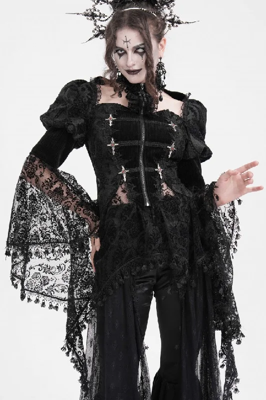 Black Long Sleeves Hollow Lace Tassels Women's Gothic Jacket Stand-Up Collar Roll-Neck Collar Turtle Neck