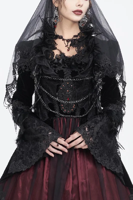 Black Stand Collar Trumpet Sleeves Embroidery Stitching Lace Women's Gothic Jacket Welt Pockets Slit Pockets Flap Pockets