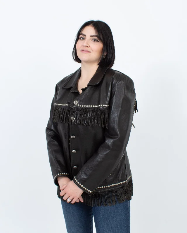 Black Tasseled Leather Jacket Faux Fur Jacket Real Fur Jacket Shearling Jacket