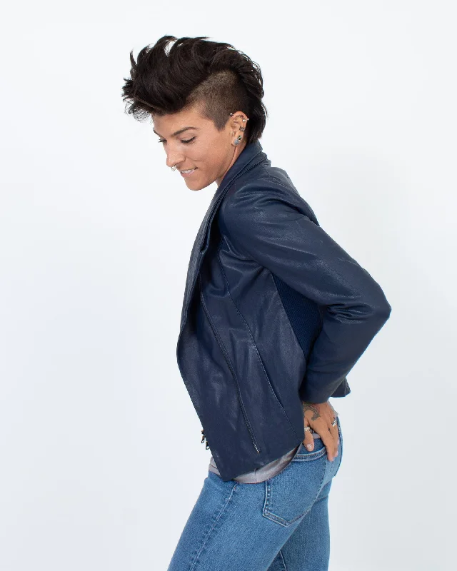 Blue Leather Jacket Tiered Jacket Buttoned Jacket Zippered Jacket