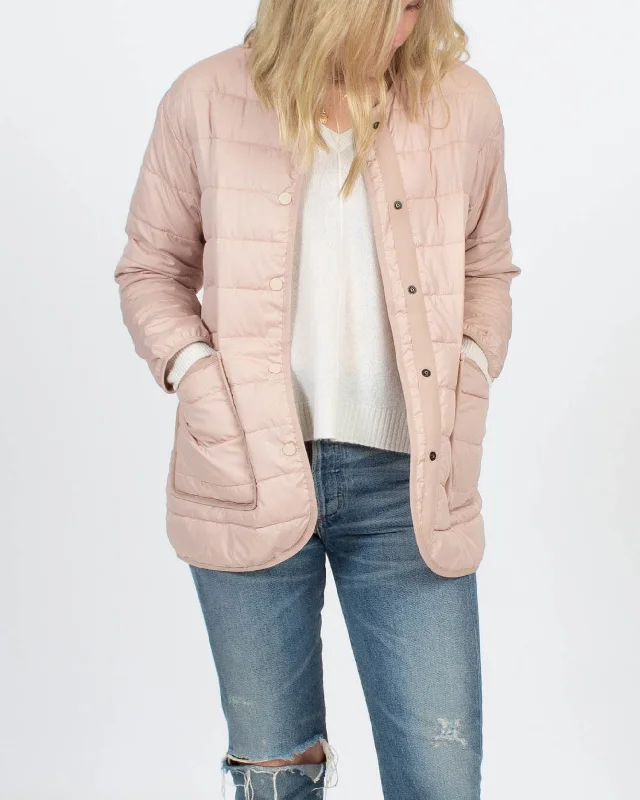 Blush Puffer Jacket Denim Fabric Leather Fabric Suede Fabric