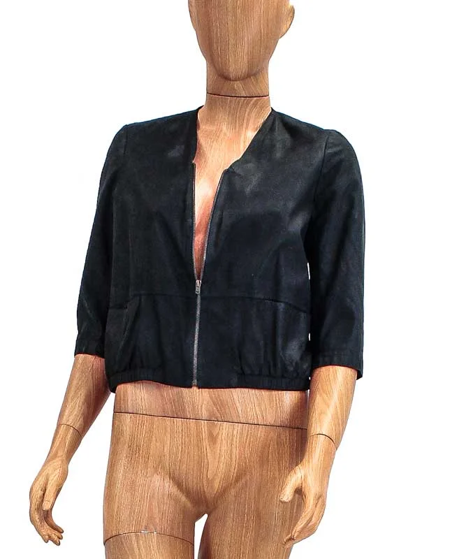 Cropped Sleeve Leather Jacket Welt Pockets Slit Pockets Flap Pockets