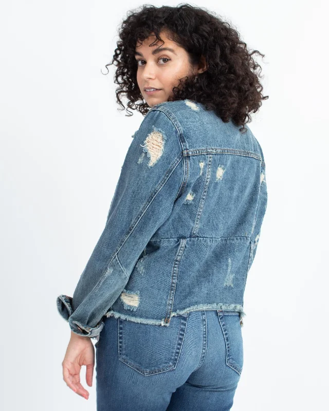 Distressed Denim Jacket A-Line Jacket Boat Neck Shawl Collar