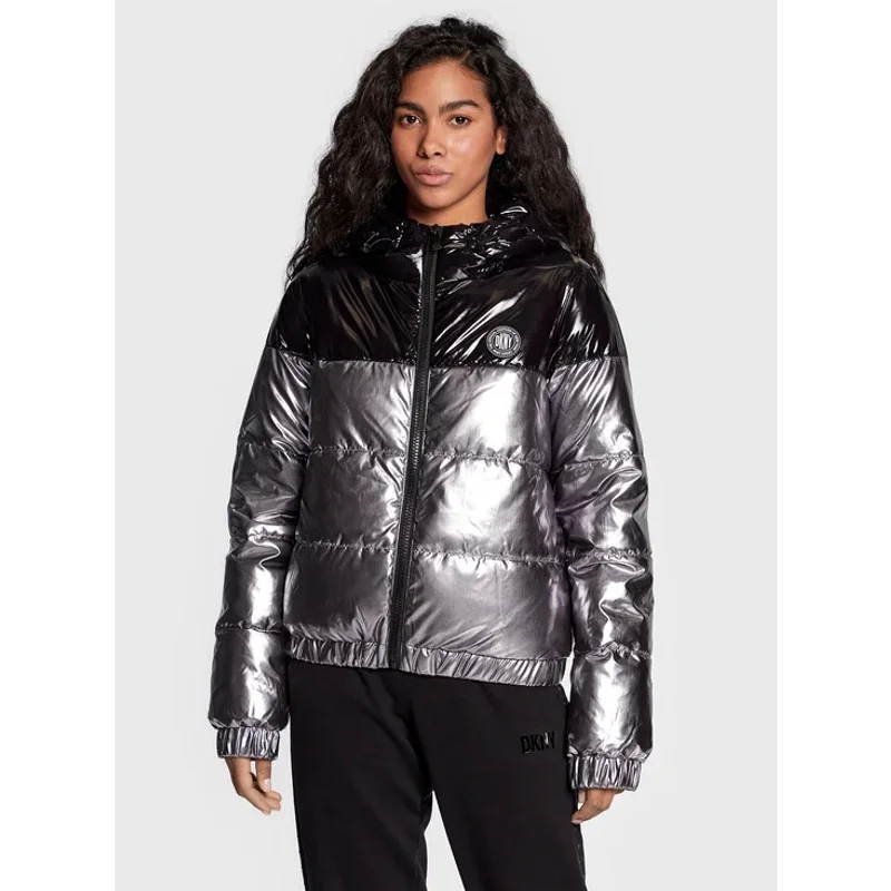 DKNY SPORT Womens Colorblock Puffer Jacket Large Metallic Silver Black Plaid Jacket Tartan Jacket Houndstooth Jacket