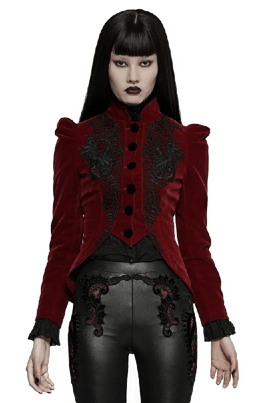 Elegant Wine Red Gothic Lace Trim Velvet Goth Jacket Collared Jacket Crew Neck Jacket Turtle Neck Jacket