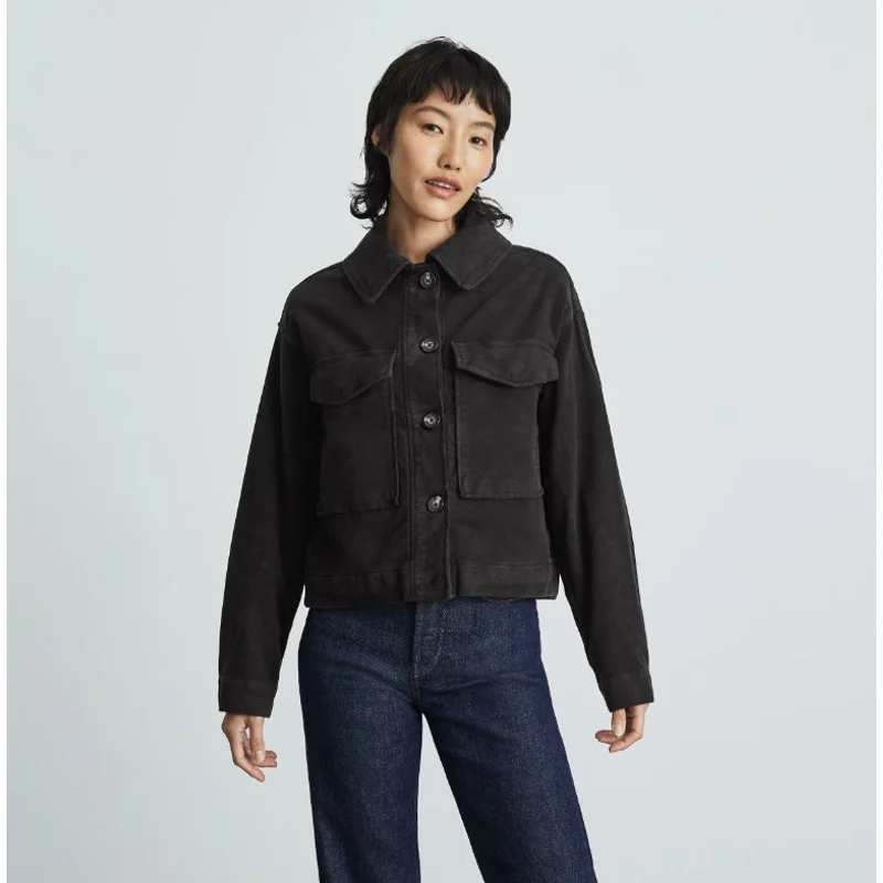 Everlane Womens The Moleskin Utility Jacket XS Black Stand-Up Collar Roll-Neck Collar Turtle Neck