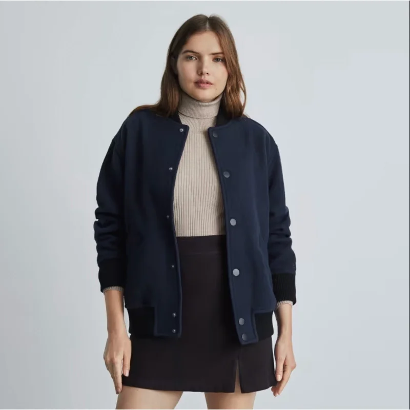Everlane Womens The ReWool® Varsity Bomber Jacket Large Navy Blue NWT V-Neck Jacket Boat Neck Jacket Square Neck Jacket