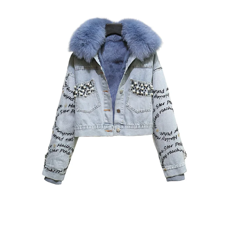 Fashion Denim Parka with Beaded Embroidery / Women's Jacket with Detachable Liner Real Fox Fur One-Shoulder Jacket Off-the-Shoulder Jacket Asymmetrical Jacket