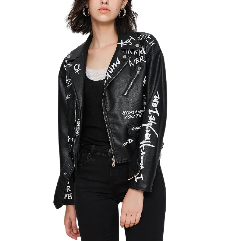 Fashion Women's Pu Leather Jacket / Black Female Motorcyle Jacket With Belt Notch Collar Peter Pan Collar Cowl Neck