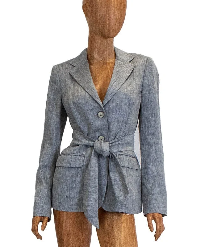 Belted Linen Jacket Front Pockets Side Pockets Patch Pockets