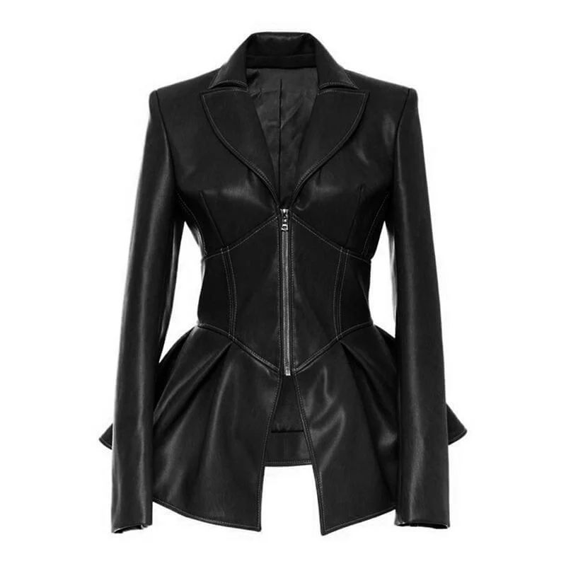 Gothic faux leather jacket / Women Alternative Fashion Outwear / Black Motorcycle Jackets Boat Neck Shawl Collar Notched Collar