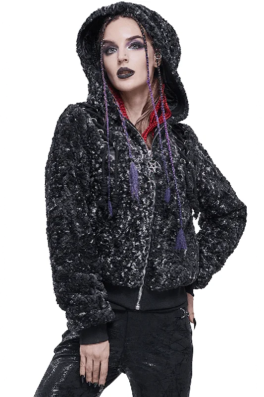 Gothic Strappy Splice Short Jacket with Hood / Women's Zipper Warm Jackets Denim Jacket Leather Jacket Suede Jacket