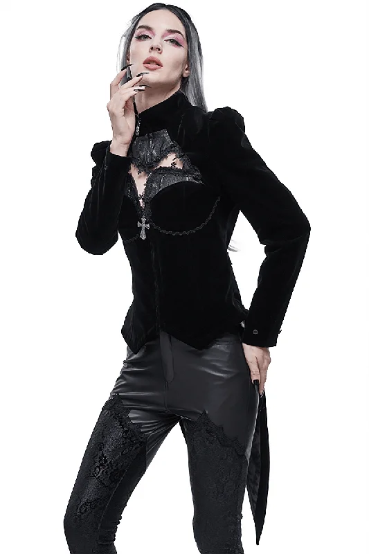 Gothic Style Cutout Splice Swallow-tailed Jacket / Appliqued Women's Velvet Jackets Welt Pockets Slit Pockets Flap Pockets