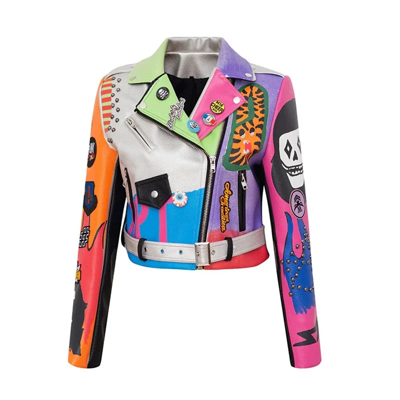 Graffiti Design / Women Outerwear in Rock Style / Letters Printed Faux Leather Jacket Print Jacket Jacquard Jacket Patchwork Jacket
