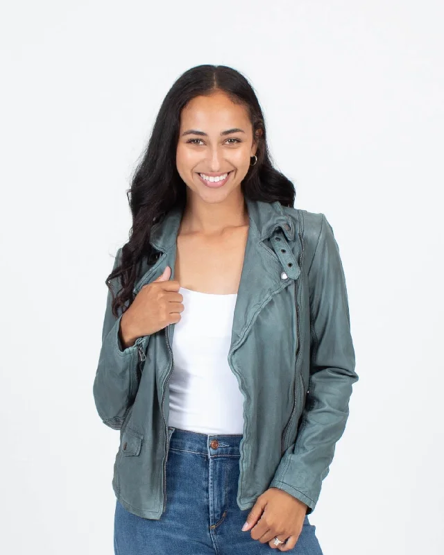 Green Leather Moto Jacket Notch Collar Peter Pan Collar Cowl Neck