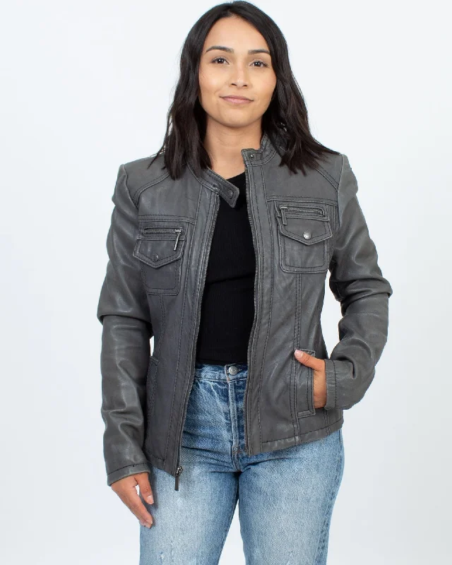 Leather Biker Jacket Welt Pockets Slit Pockets Flap Pockets