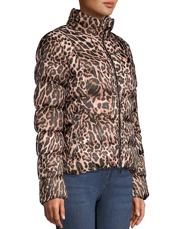 Leopard Down Puffer Jacket Welt Pockets Slit Pockets Flap Pockets