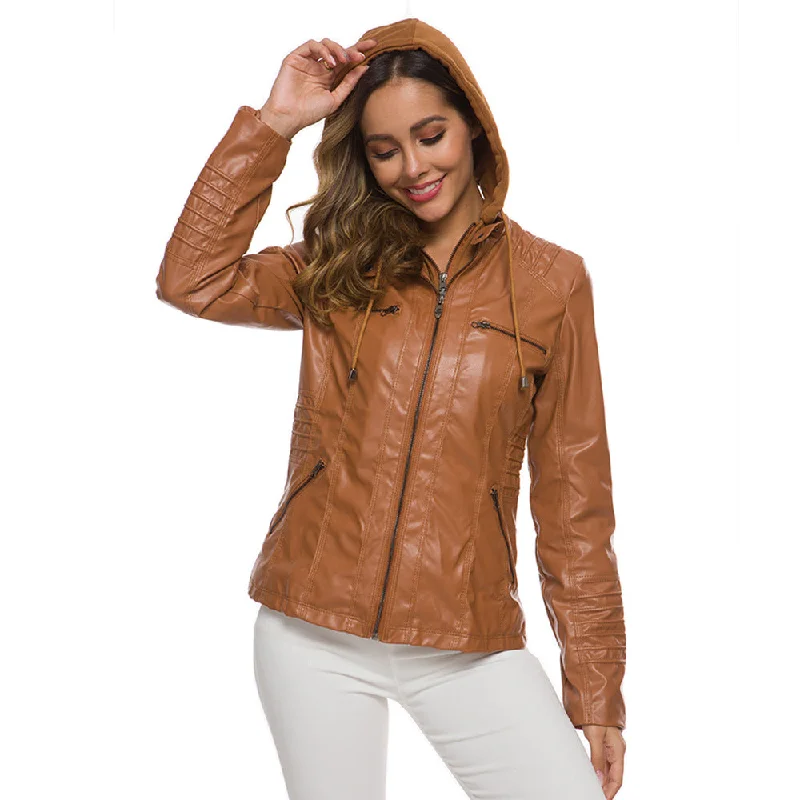 Long-sleeved Zipper Leather Jacket / Women Hooded Pockets PU Jacket Fitted Jacket Loose Jacket Oversized Jacket Long-sleeved Zipper Leather Jacket / Women Hooded Pockets PU Jacket Fitted Jacket Loose Jacket Oversized Jacket