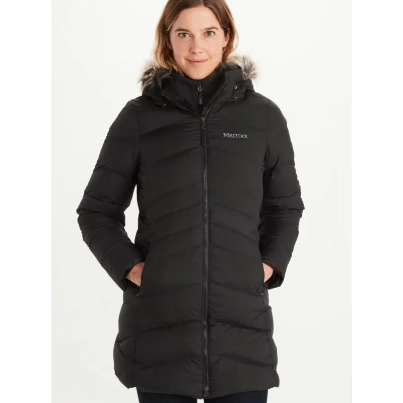 MARMOT Women's Montreal Coat Puffer Jacket Large Black Fur Hood Full Zip NWT Anorak Shell Jacket Lightweight Jacket