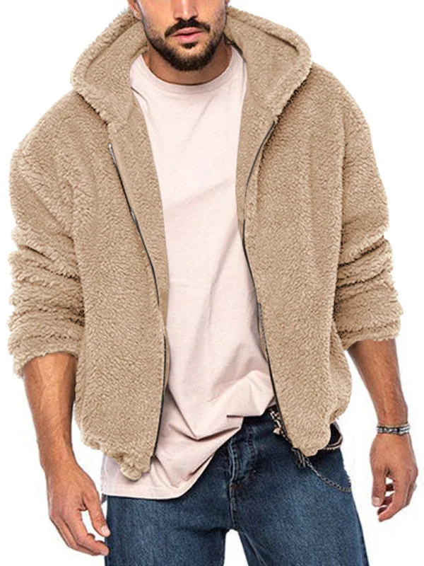 Men's double-sided arctic velvet hooded solid color warm zipper jacket Satin Fabric Silk Fabric Chiffon Fabric