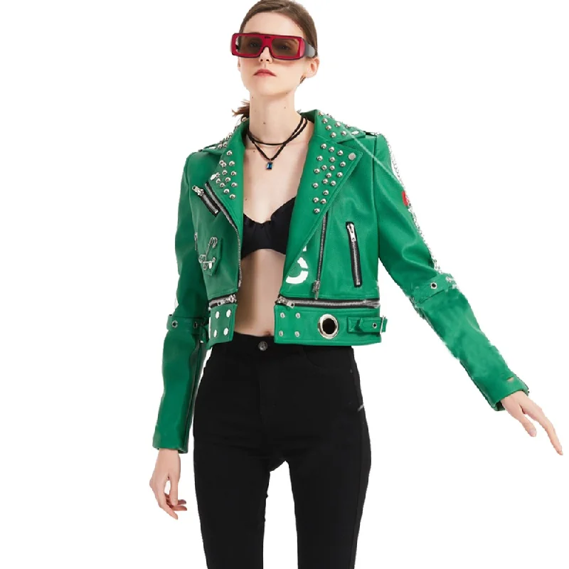 Motorcycle Leather Jacket with Rivets / Punk Style Jacket for Women / Short Slim Green Jacket Zippered Jacket Buttoned Jacket Snapped Jacket Motorcycle Leather Jacket with Rivets / Punk Style Jacket for Women / Short Slim Green Jacket Zippered Jacket Buttoned Jacket Snapped Jacket