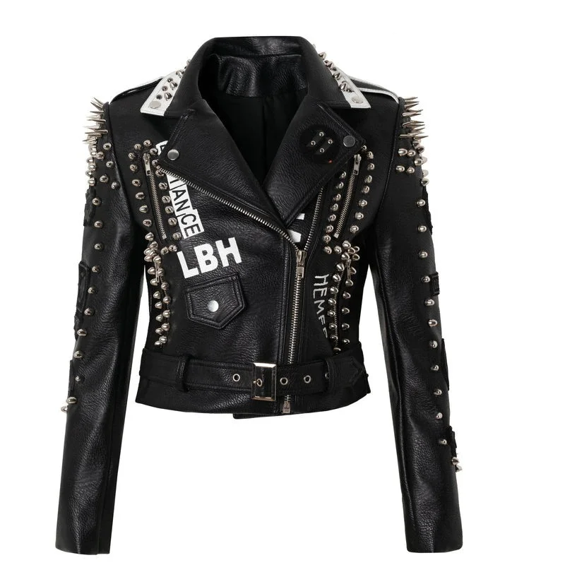 Motorcycle PU Leather Jacket in Punk Rock Style / Women's Black Short Jackets with Rivets Lace Jacket Ribbed Jacket Sequined Jacket Motorcycle PU Leather Jacket in Punk Rock Style / Women's Black Short Jackets with Rivets Lace Jacket Ribbed Jacket Sequined Jacket