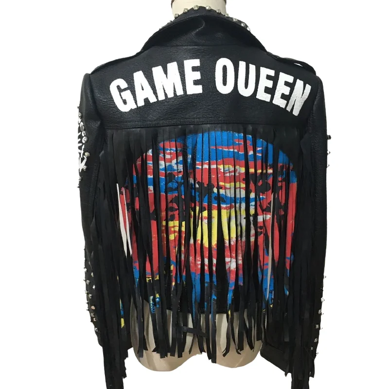 Motorcyle Jacket with Pattern on the Back / Punk Beading Rivet PU Leather Jackets Faux Fur Jacket Real Fur Jacket Shearling Jacket Motorcyle Jacket with Pattern on the Back / Punk Beading Rivet PU Leather Jackets Faux Fur Jacket Real Fur Jacket Shearling Jacket