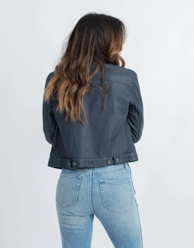 Navy Leather Jacket Collared Jacket Crew Neck Jacket Turtle Neck Jacket